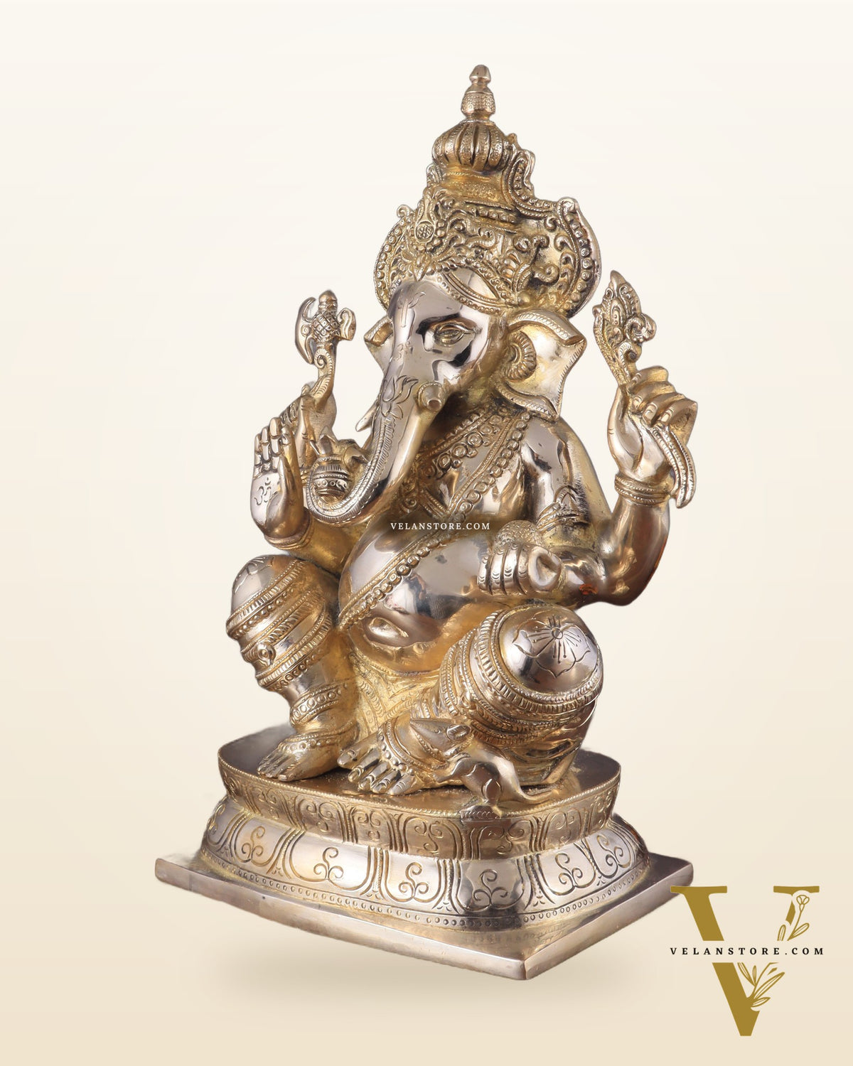 Brass Ganapati Idol Glossy – Handcrafted with Right-Side Trunk, 16" Height