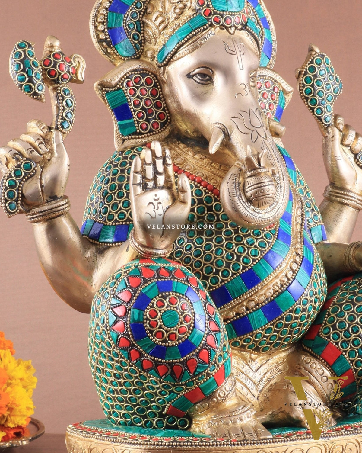 Brass Ganapati Idol Glossy – Handcrafted with Right-Side Trunk, 16" meenakari