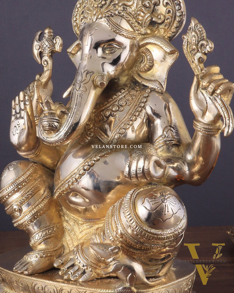 Brass Ganapati Idol Glossy – Handcrafted with Right-Side Trunk, 16" Height