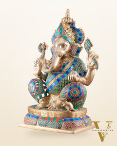 Brass Ganapati Idol Glossy – Handcrafted with Right-Side Trunk, 16" meenakari