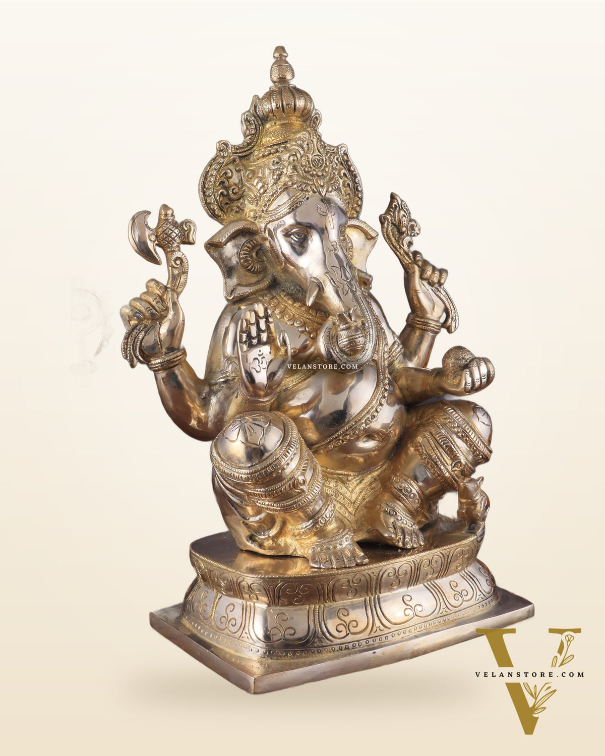 Brass Ganapati Idol Glossy – Handcrafted with Right-Side Trunk, 16" Height