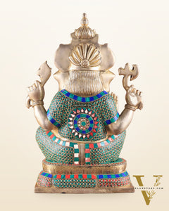 Brass Ganapati Idol Glossy – Handcrafted with Right-Side Trunk, 16" meenakari