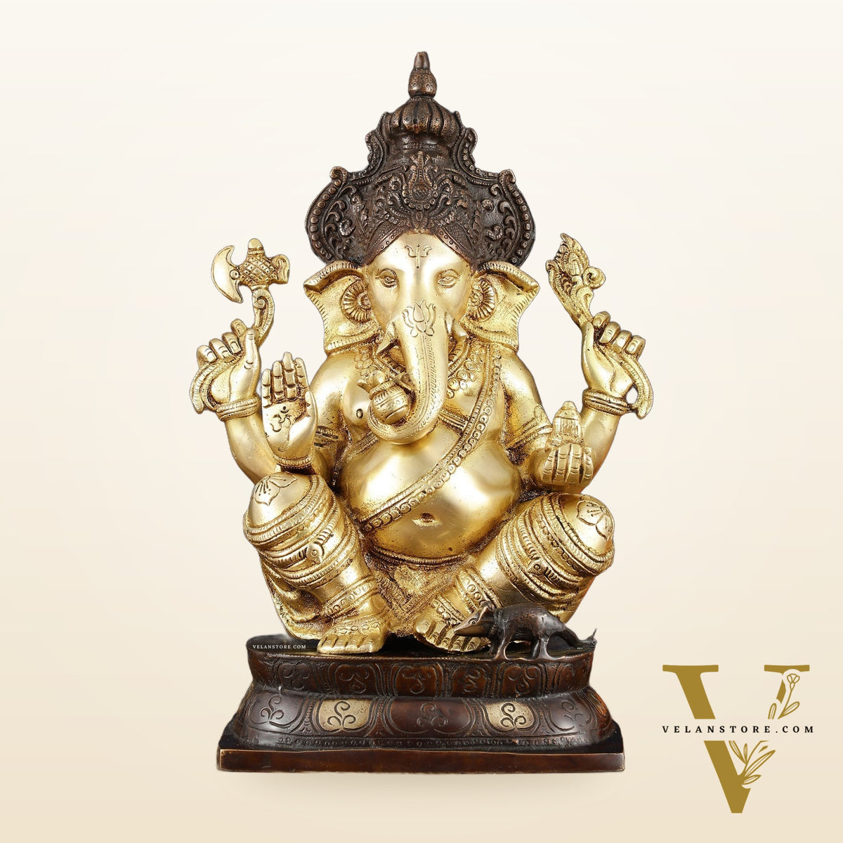 Brass Ganapati Idol – Handcrafted with Right-Side Trunk, 16" Height