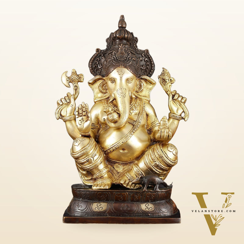 Brass Ganapati Idol – Handcrafted with Right-Side Trunk, 16" Height