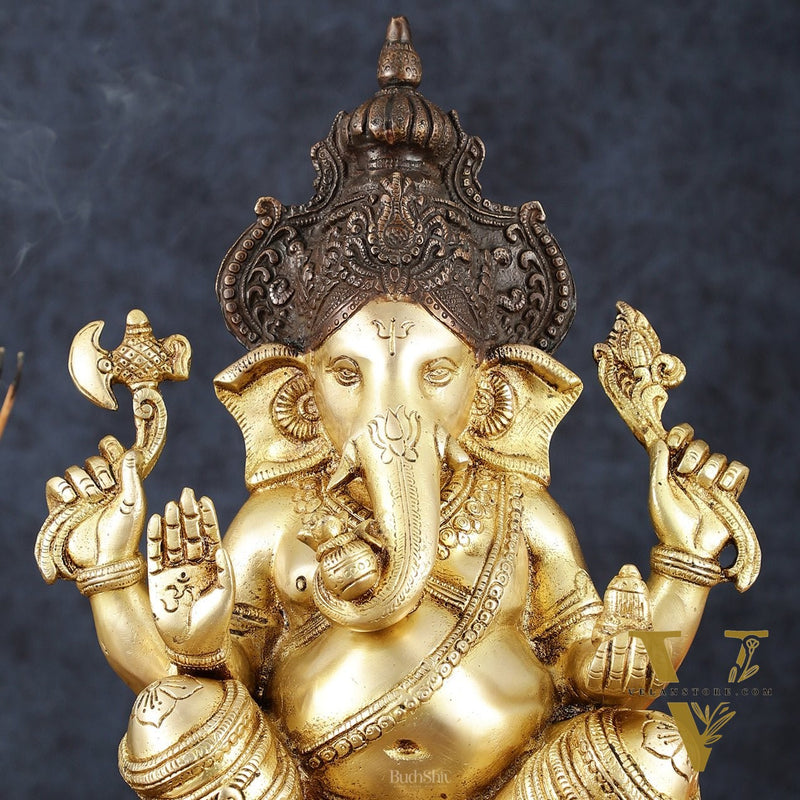 Brass Ganapati Idol – Handcrafted with Right-Side Trunk, 16" Height