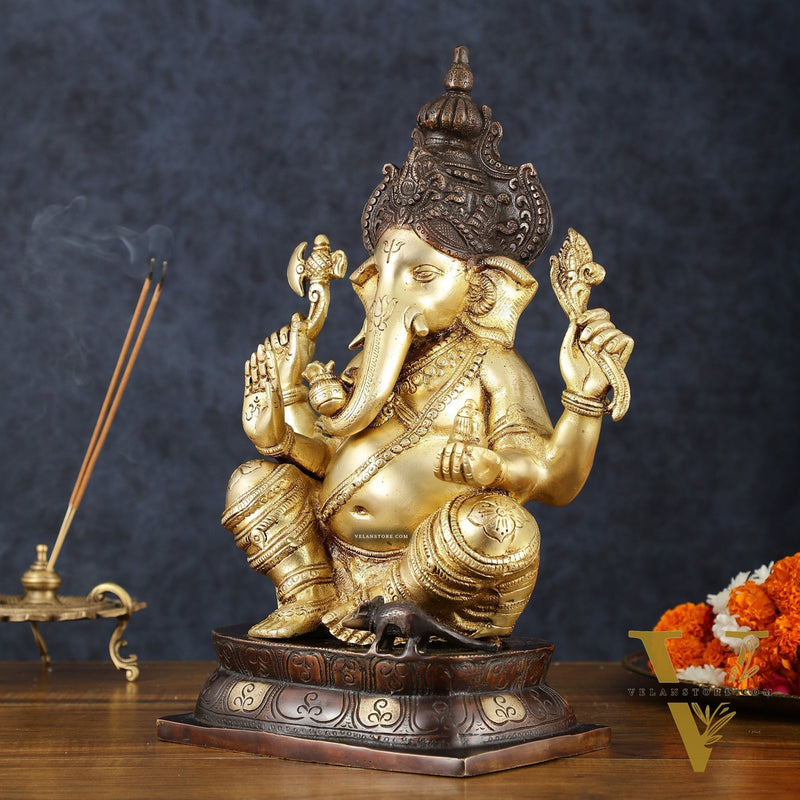 Brass Ganapati Idol – Handcrafted with Right-Side Trunk, 16" Height