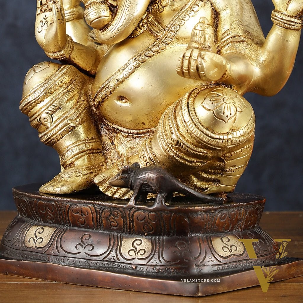 Brass Ganapati Idol – Handcrafted with Right-Side Trunk, 16" Height
