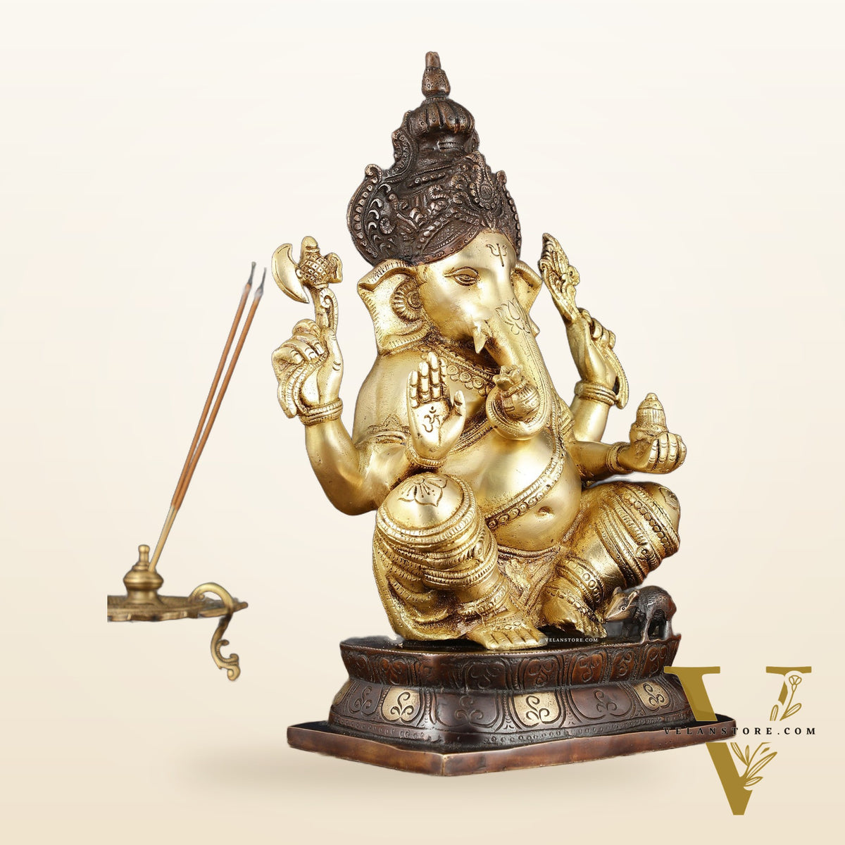 Brass Ganapati Idol – Handcrafted with Right-Side Trunk, 16" Height