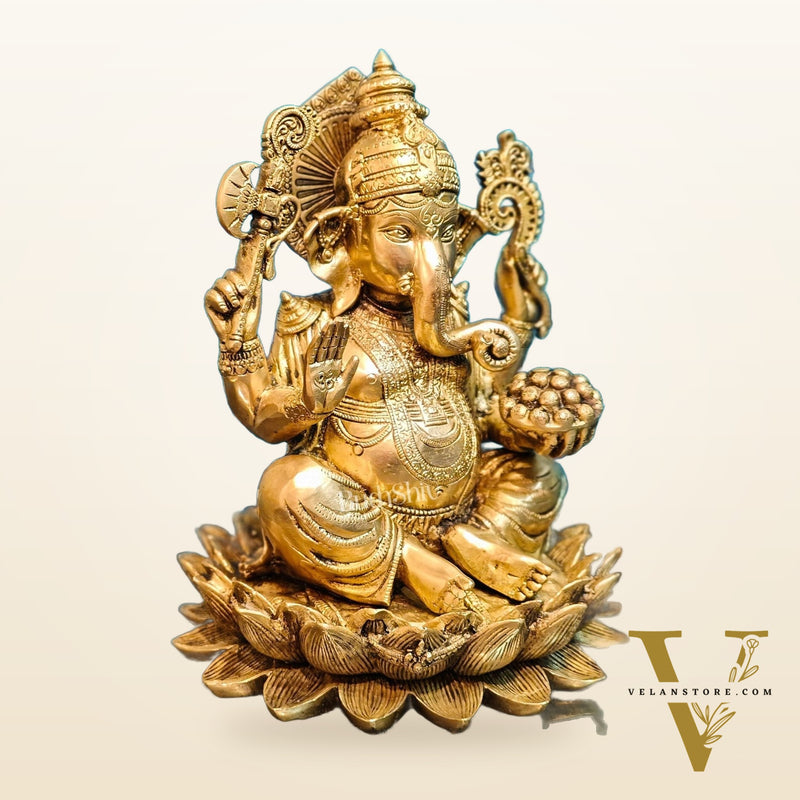 Brass Ganapati Idol Seated on Lotus | 12" Height