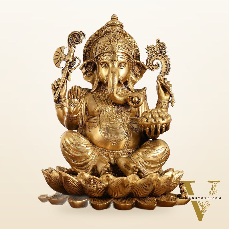 Brass Ganapati Idol Seated on Lotus | 12" Height