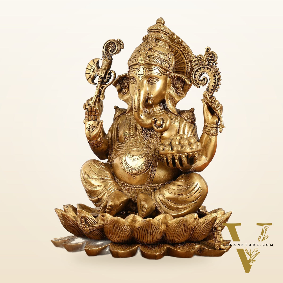Brass Ganapati Idol Seated on Lotus | 12" Height
