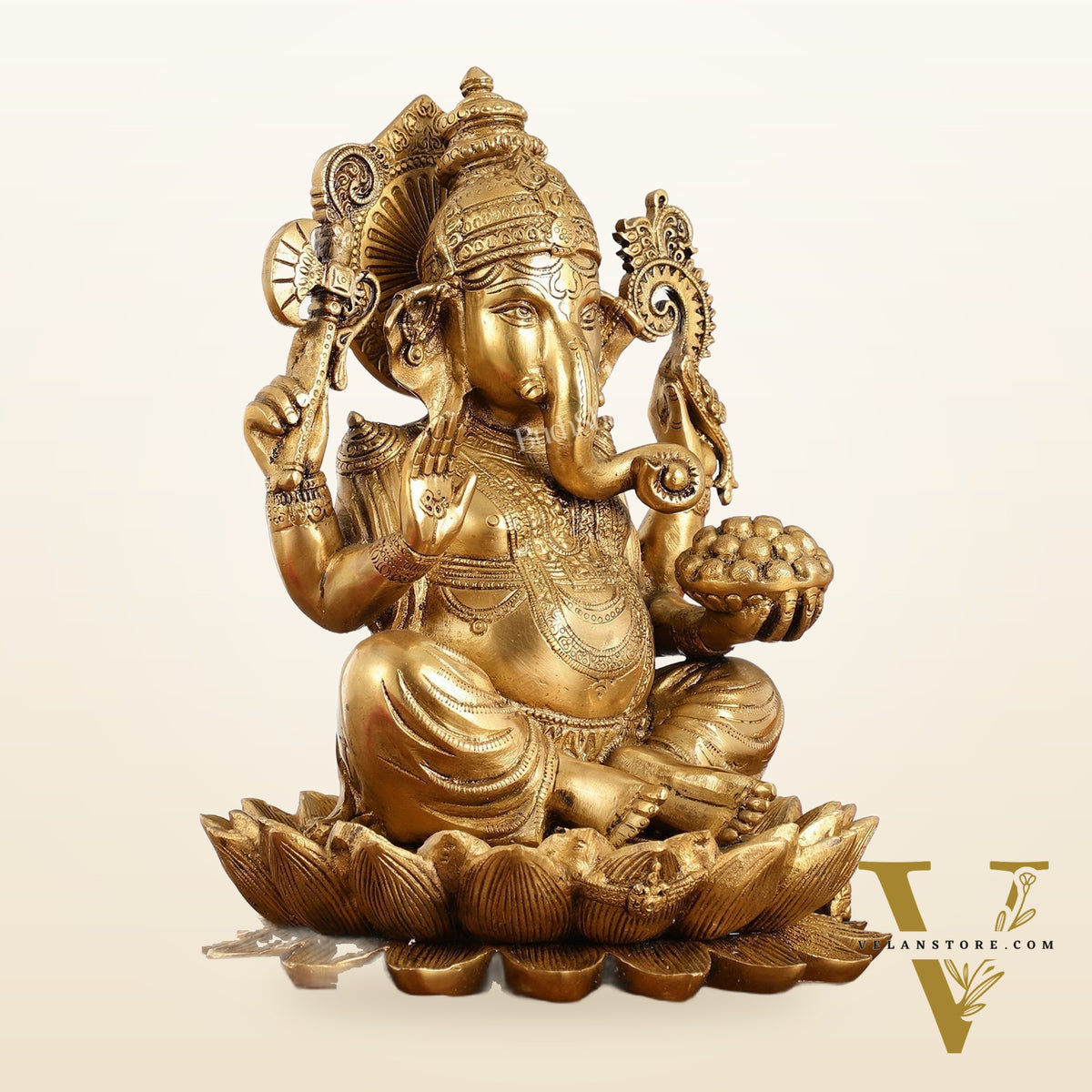 Brass Ganapati Idol Seated on Lotus | 12" Height