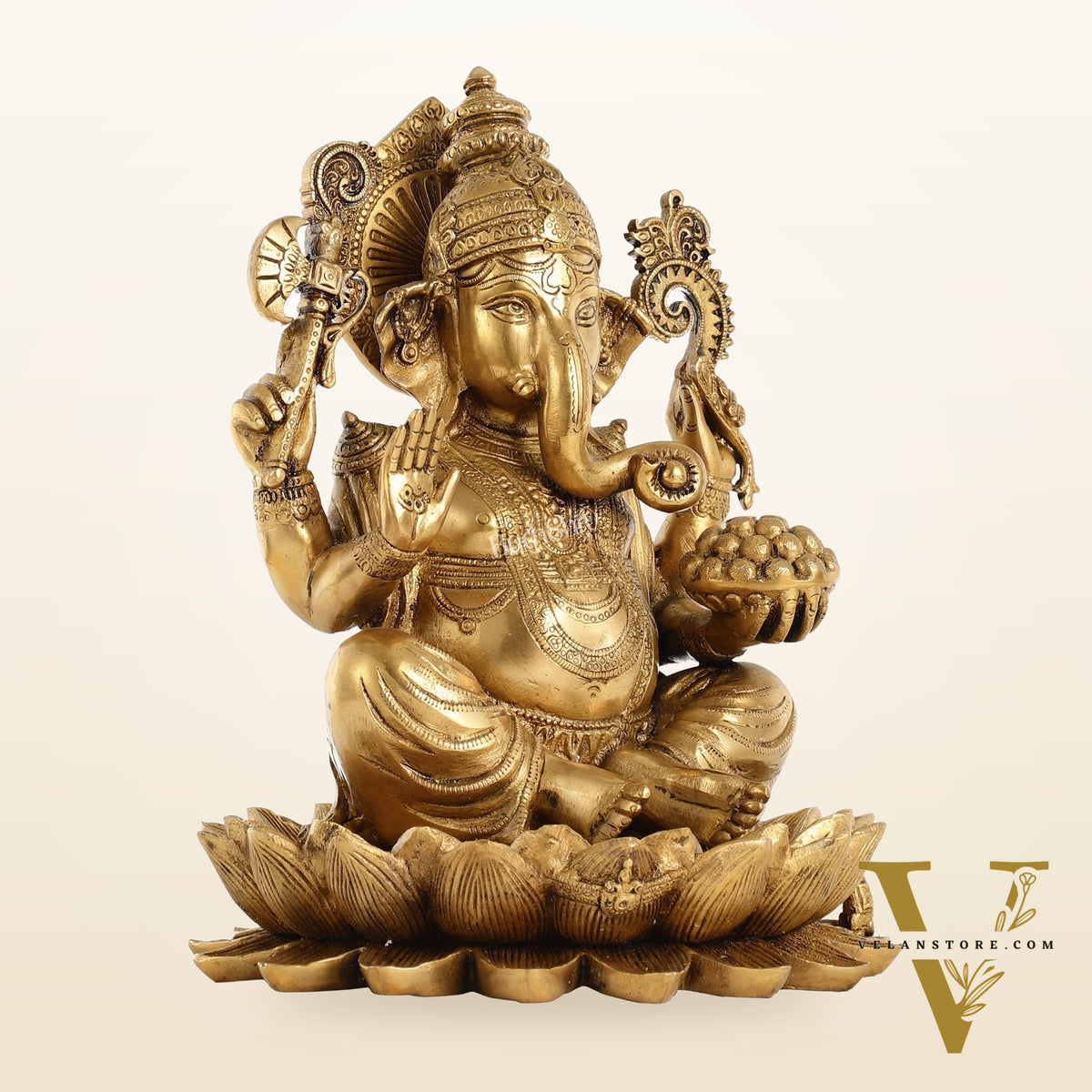 Brass Ganapati Idol Seated on Lotus | 12" Height