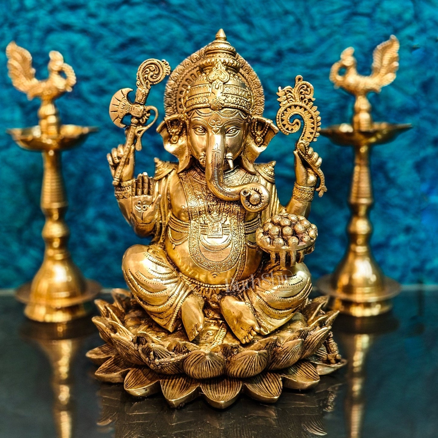 Brass Ganapati Idol Seated on Lotus | 12" Height