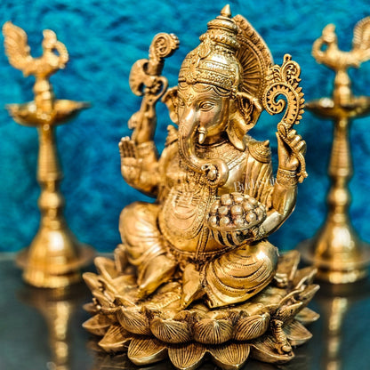 Brass Ganapati Idol Seated on Lotus | 12" Height