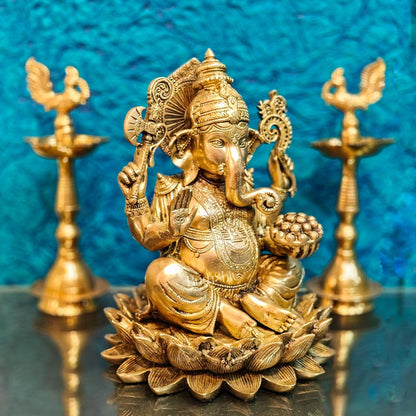 Brass Ganapati Idol Seated on Lotus | 12" Height