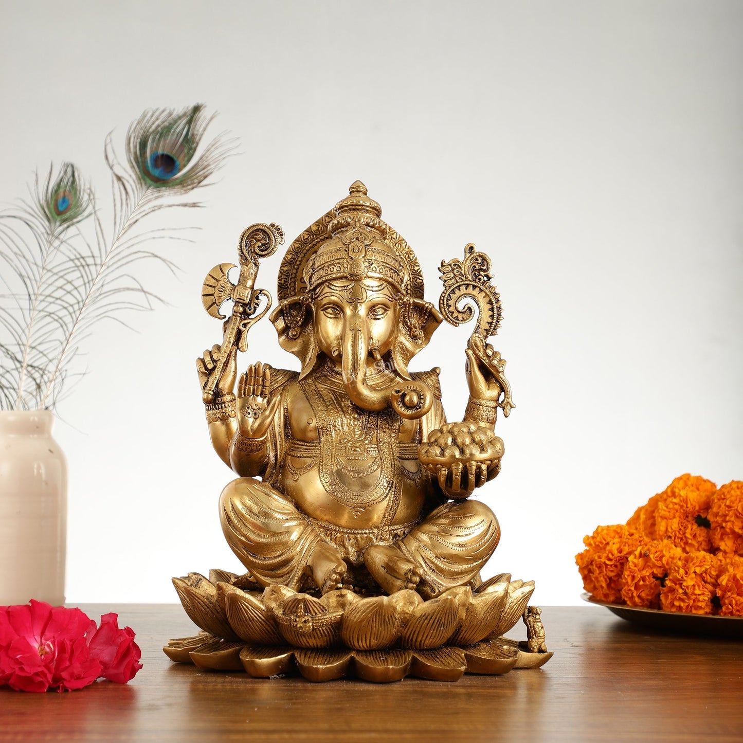 Brass Ganapati Idol Seated on Lotus | 12" Height