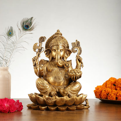 Brass Ganapati Idol Seated on Lotus | 12" Height