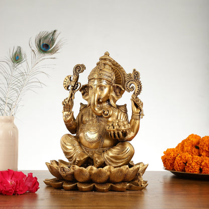 Brass Ganapati Idol Seated on Lotus | 12" Height