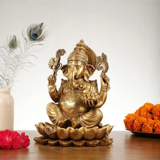 Brass Ganapati Idol Seated on Lotus | 12" Height