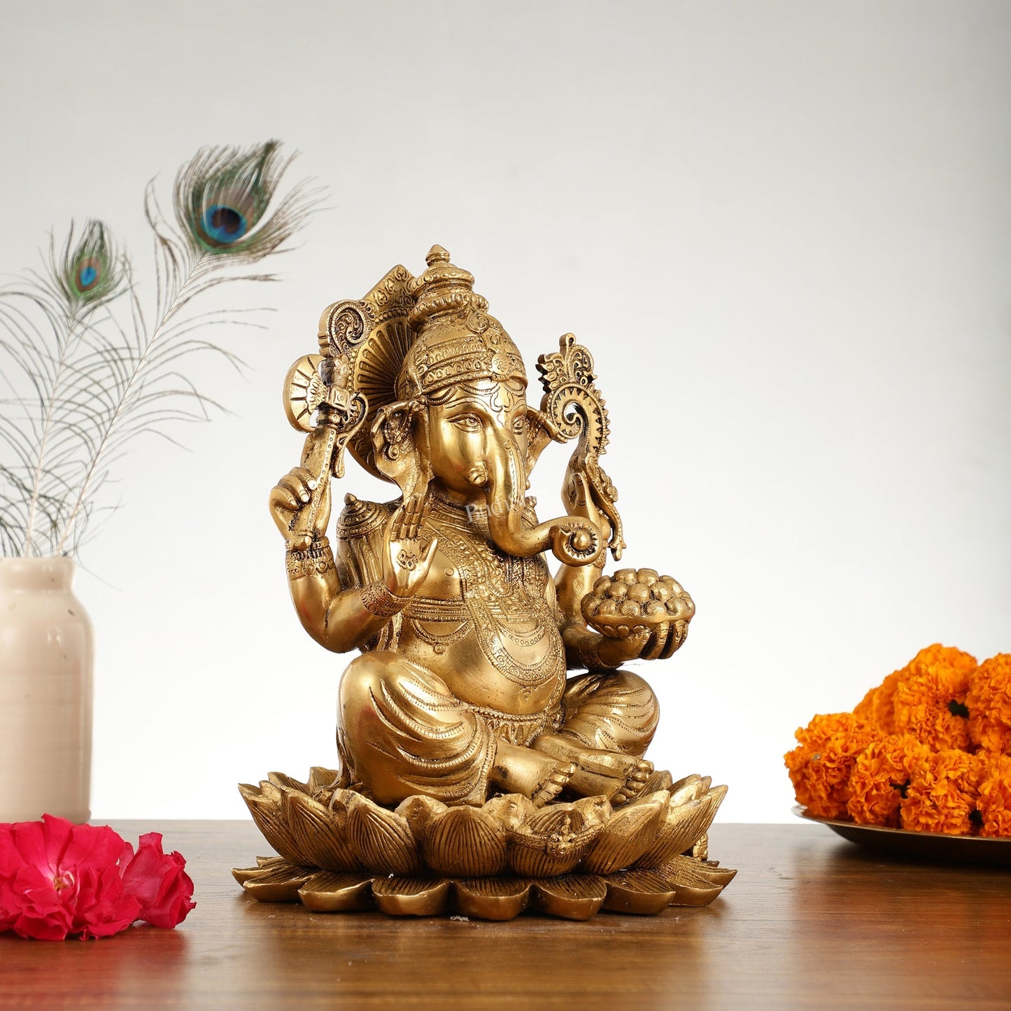 Brass Ganapati Idol Seated on Lotus | 12" Height