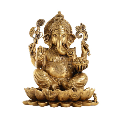 Brass Ganapati Idol Seated on Lotus | 12" Height