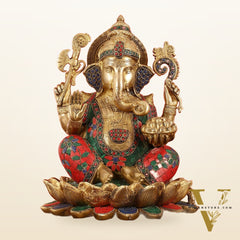 Brass Ganapati Idol Seated on Lotus | 12"