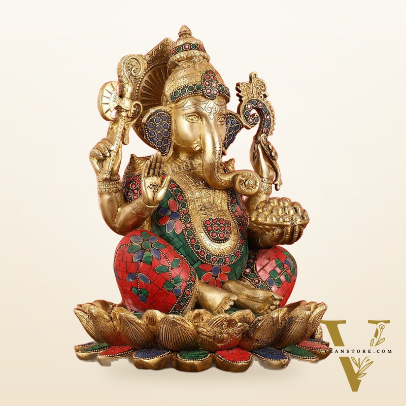 Brass Ganapati Idol Seated on Lotus | 12"