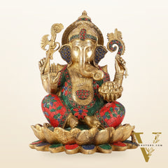 Brass Ganapati Idol Seated on Lotus | 12"