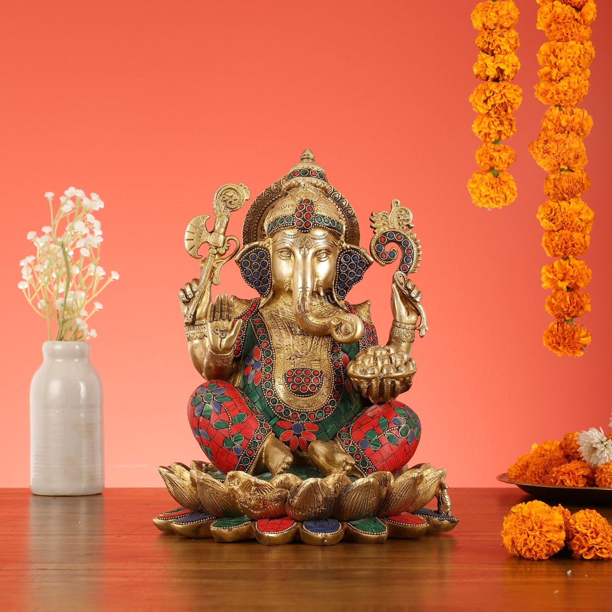 Brass Ganapati Idol Seated on Lotus | 12"