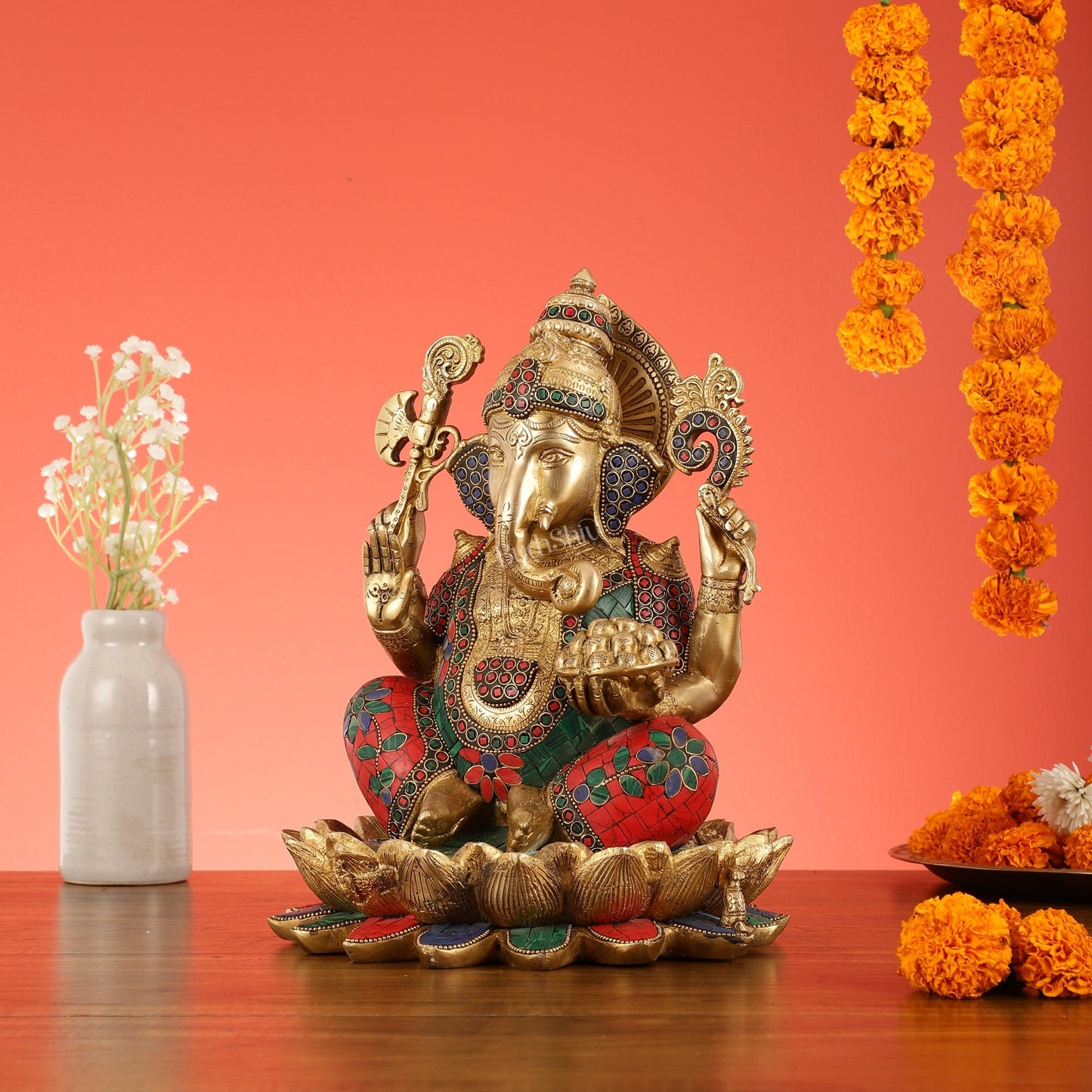 Brass Ganapati Idol Seated on Lotus | 12"