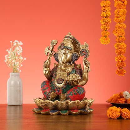 Brass Ganapati Idol Seated on Lotus | 12"