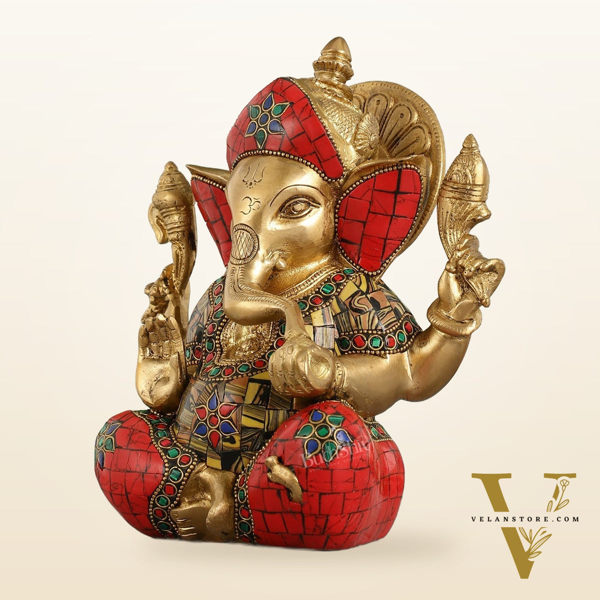 Brass Ganapati Idol with Sharp Features - 8 Inch