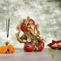 Brass Ganapati Idol with Sharp Features - 8 Inch