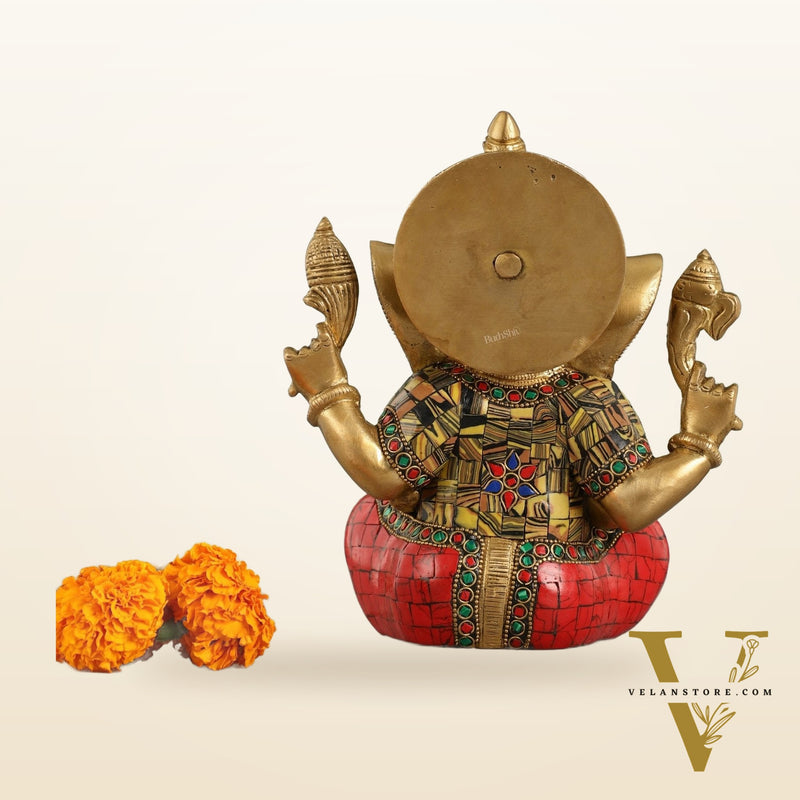 Brass Ganapati Idol with Sharp Features - 8 Inch