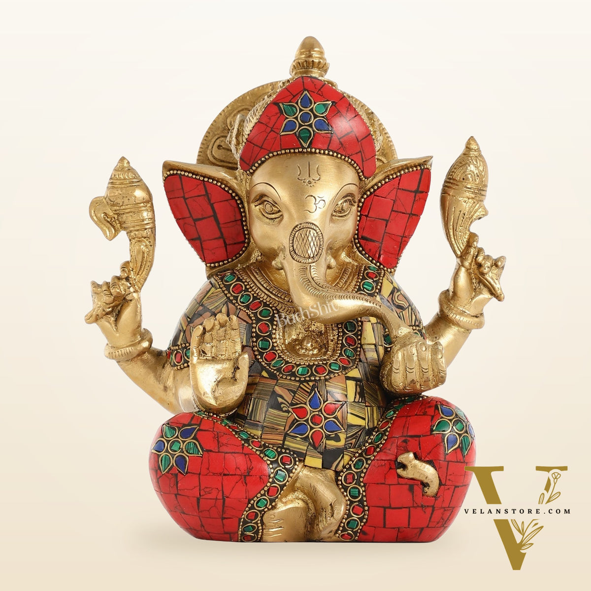 Brass Ganapati Idol with Sharp Features - 8 Inch