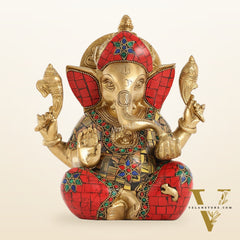 Brass Ganapati Idol with Sharp Features - 8 Inch