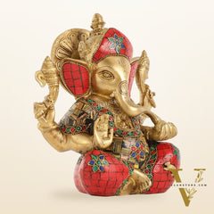 Brass Ganapati Idol with Sharp Features - 8 Inch