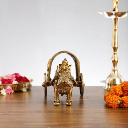 Brass Ganapati on Mooshak Rath idol with Modak Bowl | Engraved Cart with Ganesha and Lakshmi | length 13 inch