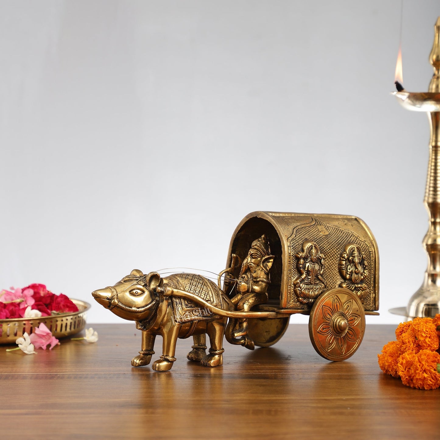 Brass Ganapati on Mooshak Rath idol with Modak Bowl | Engraved Cart with Ganesha and Lakshmi | length 13 inch