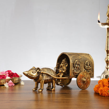 Brass Ganapati on Mooshak Rath idol with Modak Bowl | Engraved Cart with Ganesha and Lakshmi | length 13 inch