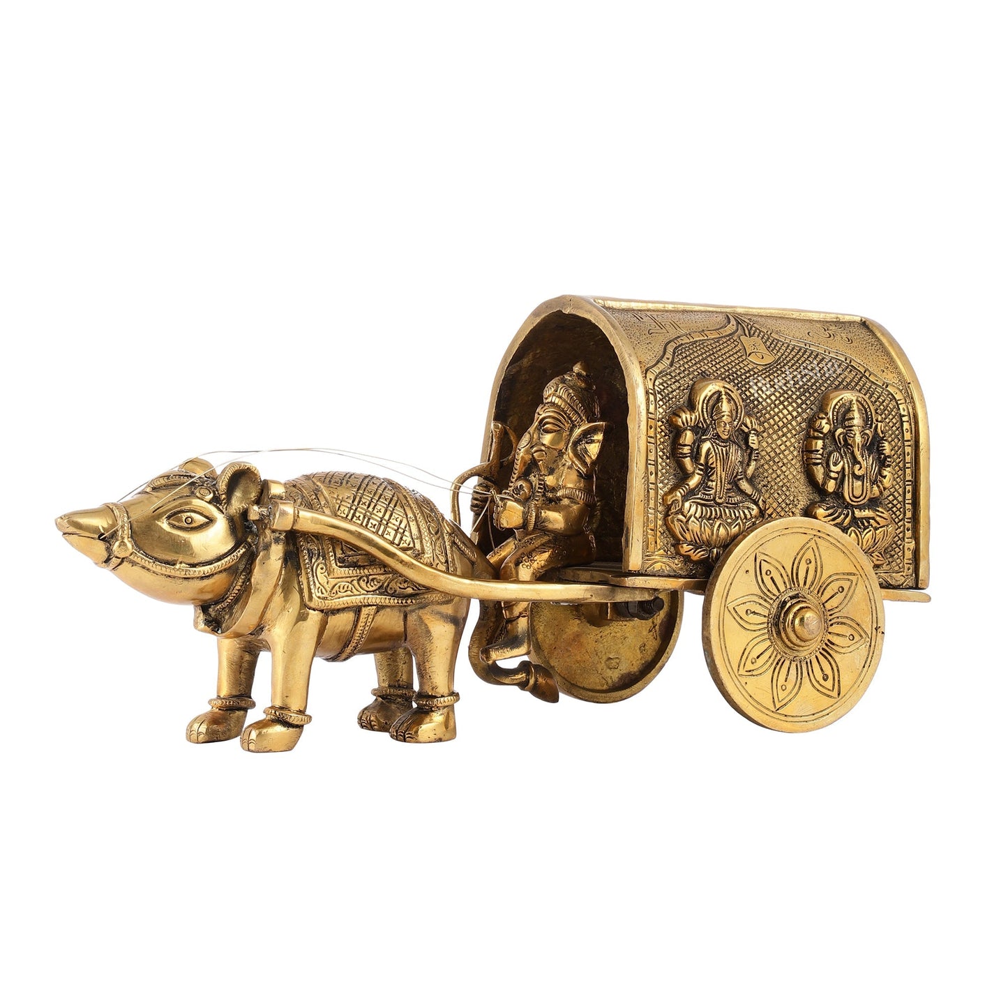 Brass Ganapati on Mooshak Rath idol with Modak Bowl | Engraved Cart with Ganesha and Lakshmi | length 13 inch