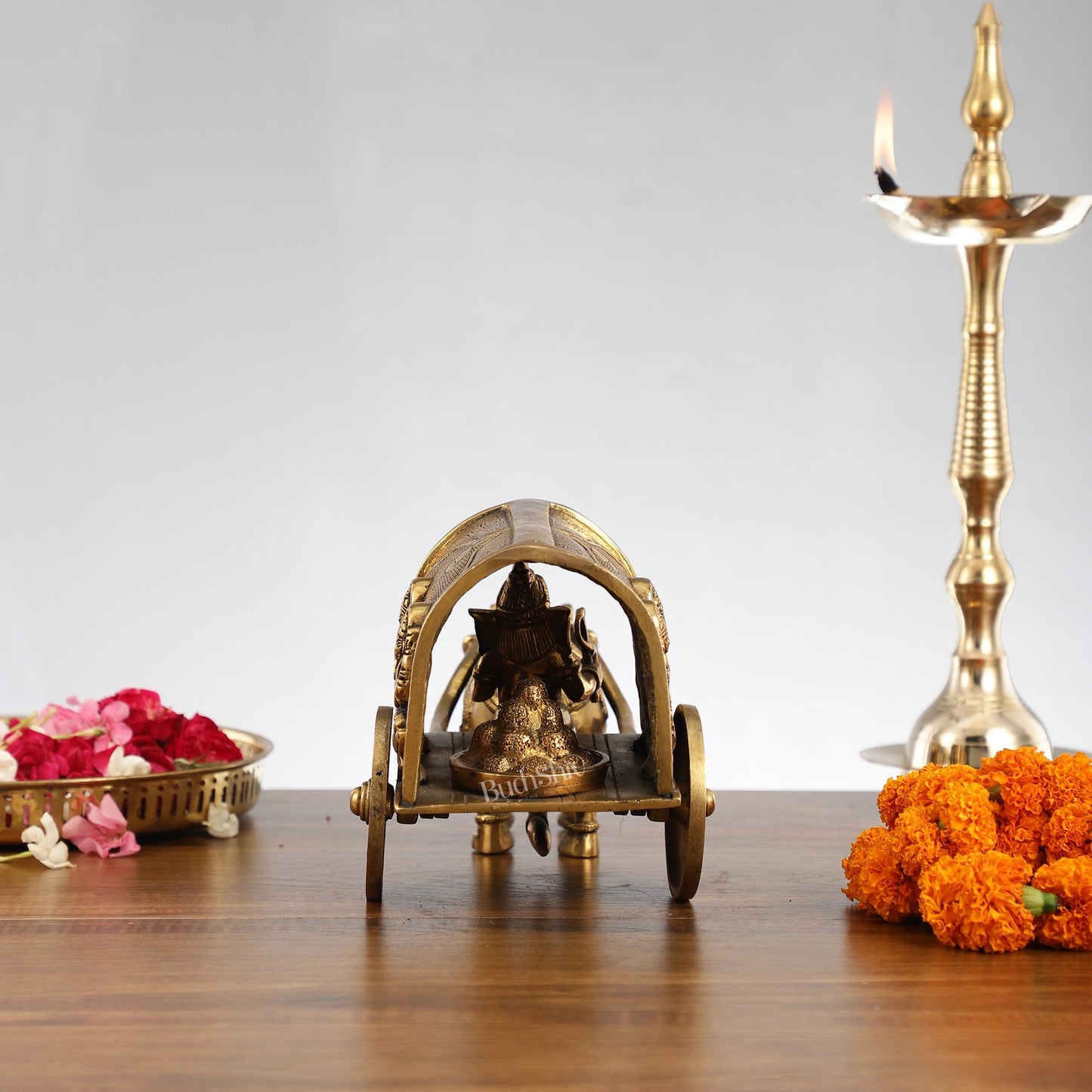 Brass Ganapati on Mooshak Rath idol with Modak Bowl | Engraved Cart with Ganesha and Lakshmi | length 13 inch
