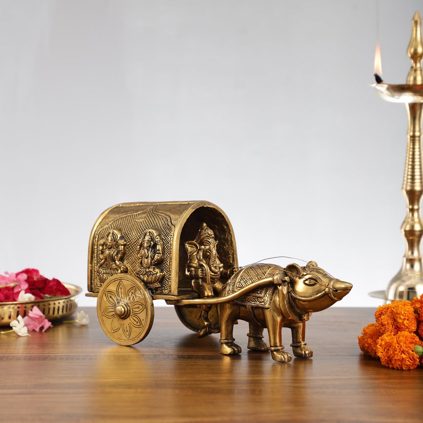 Brass Ganapati on Mooshak Rath idol with Modak Bowl | Engraved Cart with Ganesha and Lakshmi | length 13 inch