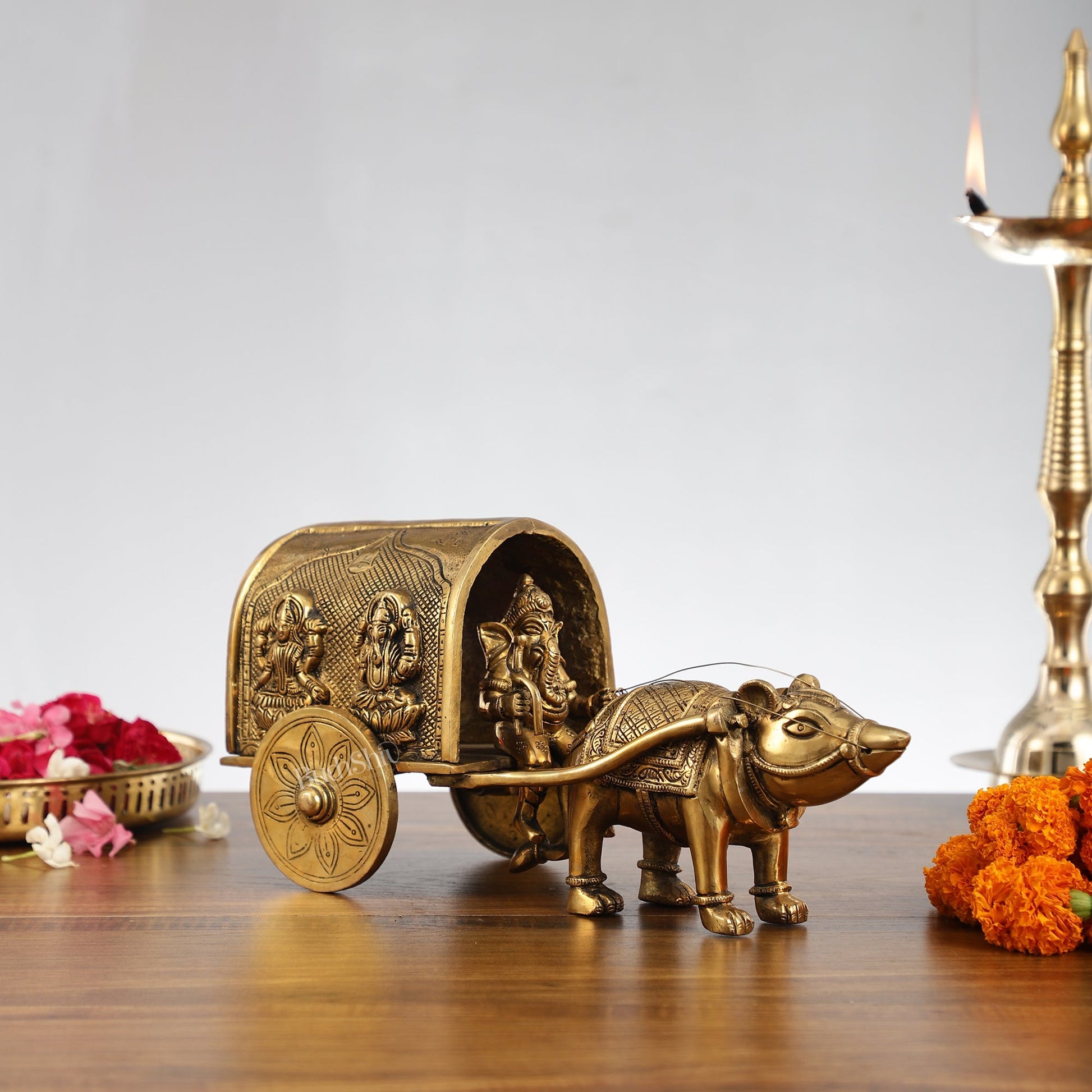Brass Ganapati on Mooshak Rath idol with Modak Bowl | Engraved Cart with Ganesha and Lakshmi | length 13 inch