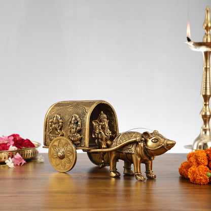 Brass Ganapati on Mooshak Rath idol with Modak Bowl | Engraved Cart with Ganesha and Lakshmi | length 13 inch