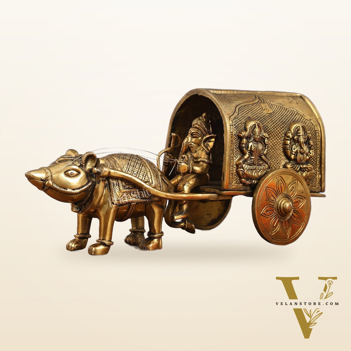 Brass Ganapati on Mooshak Rath idol with Modak Bowl | Engraved Cart with Ganesha and Lakshmi | length 13 inch