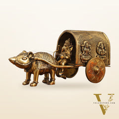 Brass Ganapati on Mooshak Rath idol with Modak Bowl | Engraved Cart with Ganesha and Lakshmi | length 13 inch
