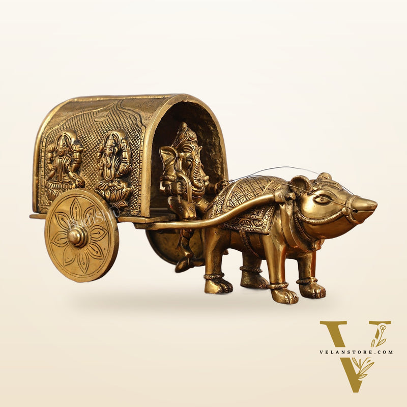 Brass Ganapati on Mooshak Rath idol with Modak Bowl | Engraved Cart with Ganesha and Lakshmi | length 13 inch