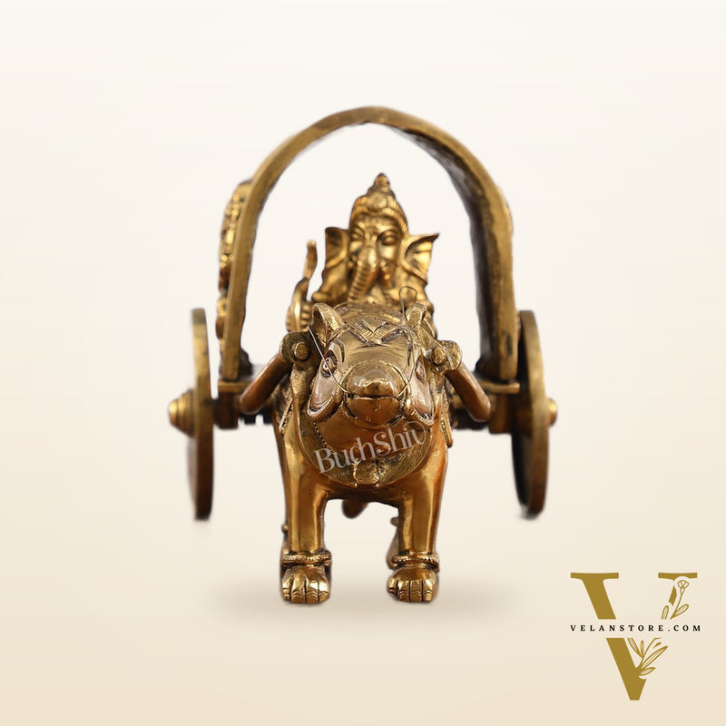 Brass Ganapati on Mooshak Rath idol with Modak Bowl | Engraved Cart with Ganesha and Lakshmi | length 13 inch